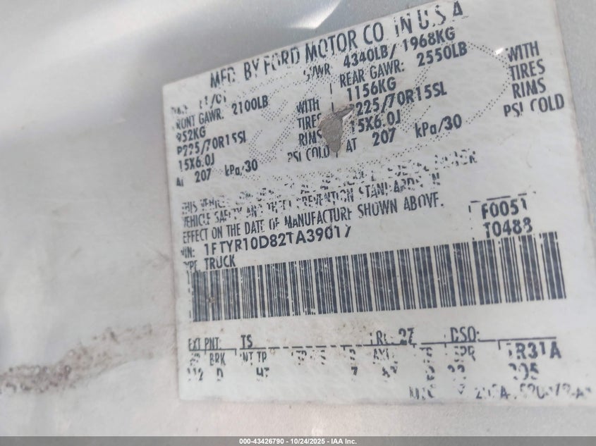 2002 Ford Ranger Xl/Xlt VIN: 1FTYR10D82TA39017 Lot: 43426790