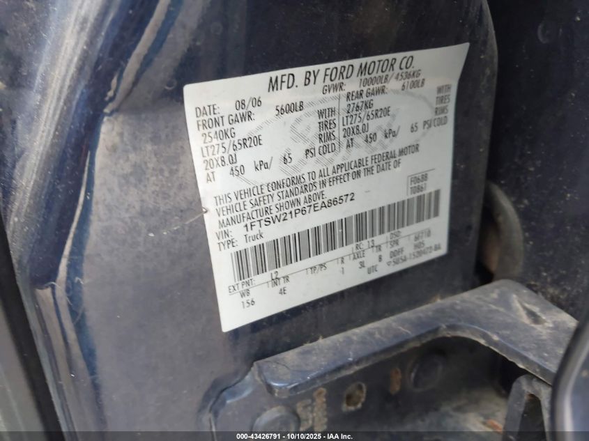 2007 Ford F-250 Lariat/Xl/Xlt VIN: 1FTSW21P67EA86572 Lot: 43426791