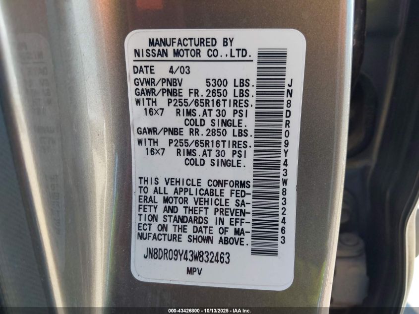 2003 Nissan Pathfinder Se VIN: JN8DR09Y43W832463 Lot: 43426800