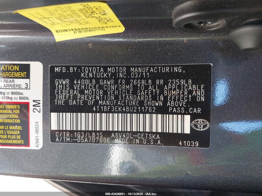 2011 Toyota Camry Se VIN: 4T1BF3EK4BU211762 Lot: 43426801