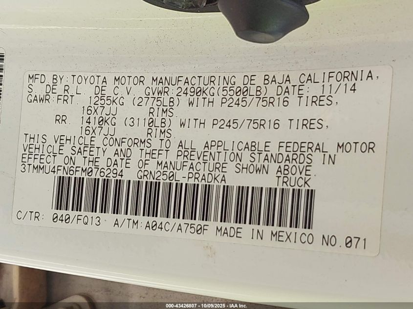 2015 Toyota Tacoma Base V6 VIN: 3TMMU4FN6FM076294 Lot: 43426807