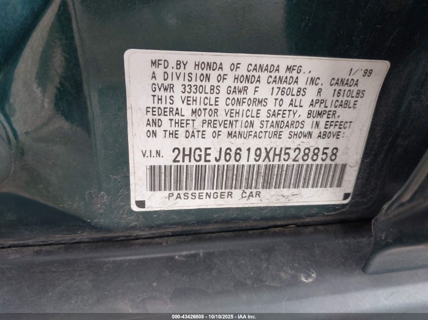 1999 Honda Civic Value Package VIN: 2HGEJ6619XH528858 Lot: 43426808