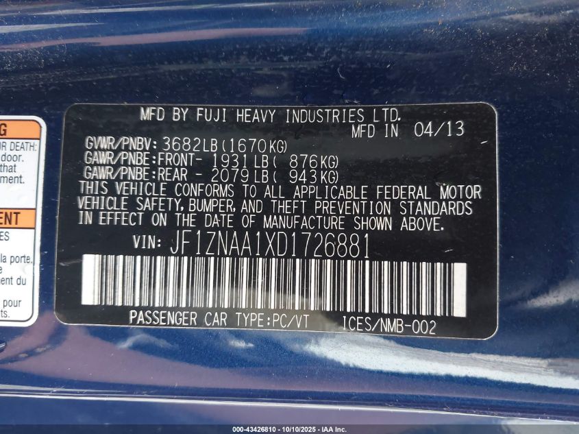 2013 Scion Fr-S VIN: JF1ZNAA1XD1726881 Lot: 43426810