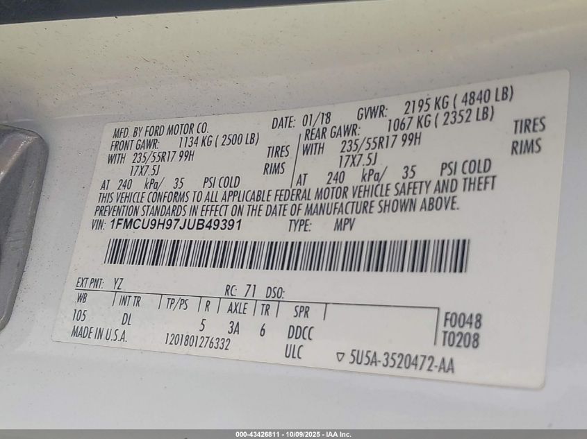 2018 Ford Escape Sel VIN: 1FMCU9H97JUB49391 Lot: 43426811