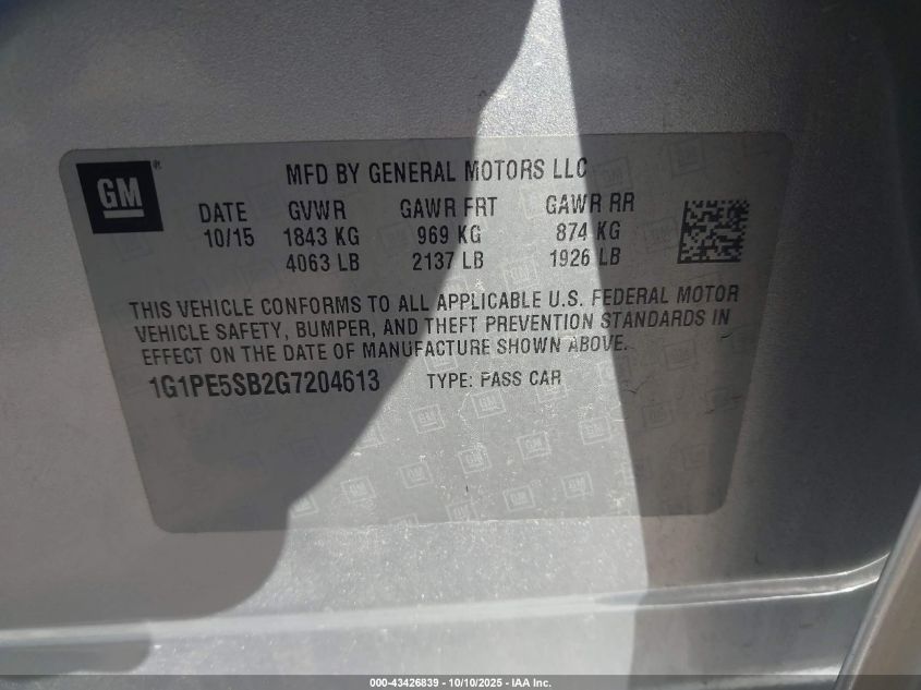 2016 Chevrolet Cruze Limited 1Lt Auto VIN: 1G1PE5SB2G7204613 Lot: 43426839