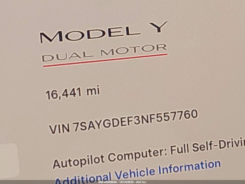2022 Tesla Model Y Performance Dual Motor All-Wheel Drive VIN: 7SAYGDEF3NF557760 Lot: 43426846