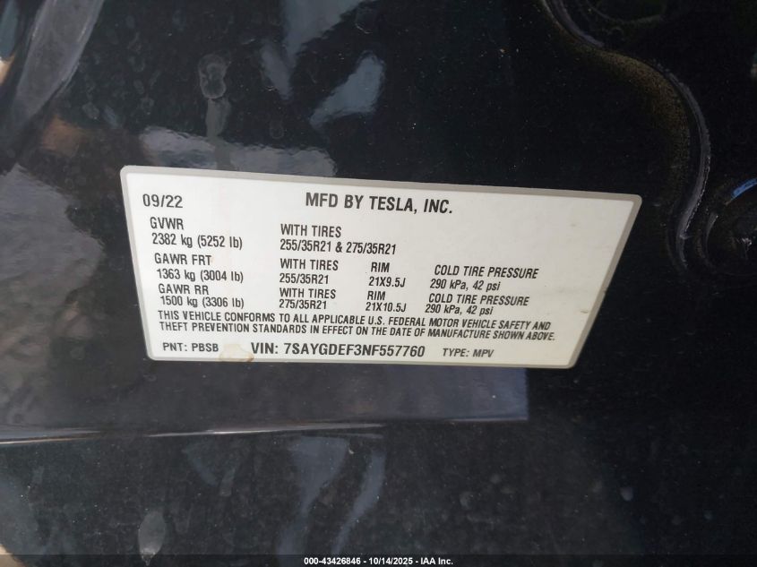 2022 Tesla Model Y Performance Dual Motor All-Wheel Drive VIN: 7SAYGDEF3NF557760 Lot: 43426846