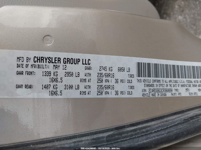 2012 Dodge Grand Caravan Se/Avp VIN: 2C4RDGBG3CR360890 Lot: 43426848