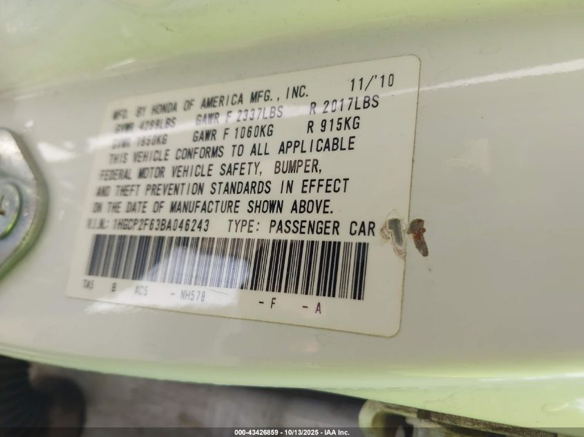 2011 Honda Accord 2.4 Se VIN: 1HGCP2F63BA046243 Lot: 43426859