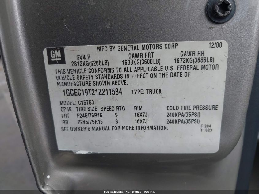 2001 Chevrolet Silverado 1500 Ls VIN: 1GCEC19T21Z211584 Lot: 43426868