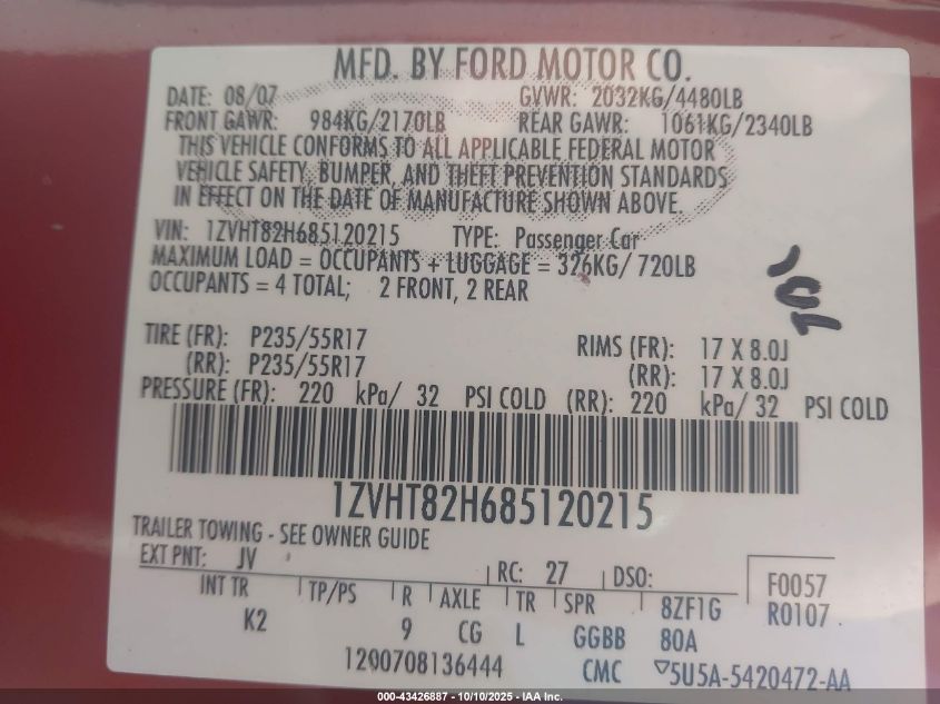 2008 Ford Mustang VIN: 1ZVHT82H685120215 Lot: 43426887