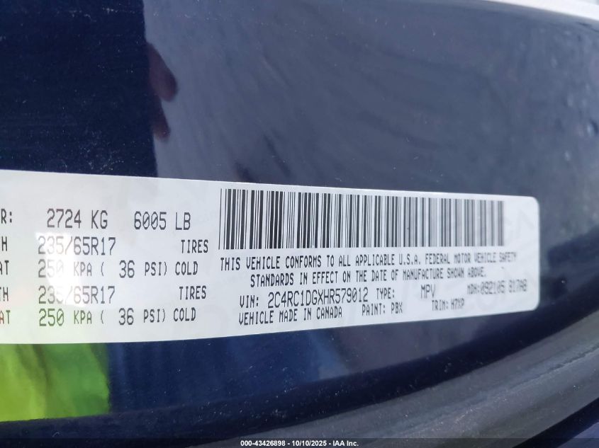 2017 Chrysler Pacifica Touring VIN: 2C4RC1DGXHR579012 Lot: 43426898