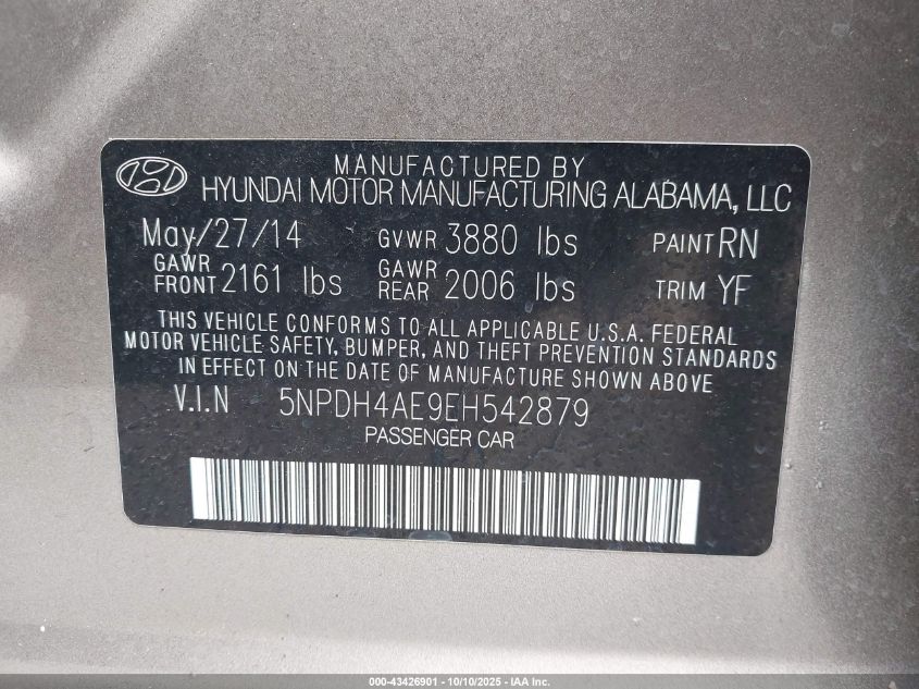 2014 Hyundai Elantra Se VIN: 5NPDH4AE9EH542879 Lot: 43426901