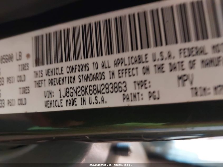 2008 Jeep Liberty Sport VIN: 1J8GN28K68W283863 Lot: 43426902