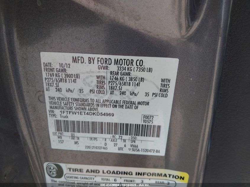 2013 Ford F-150 Xlt VIN: 1FTFW1ET4DKD54969 Lot: 43426904