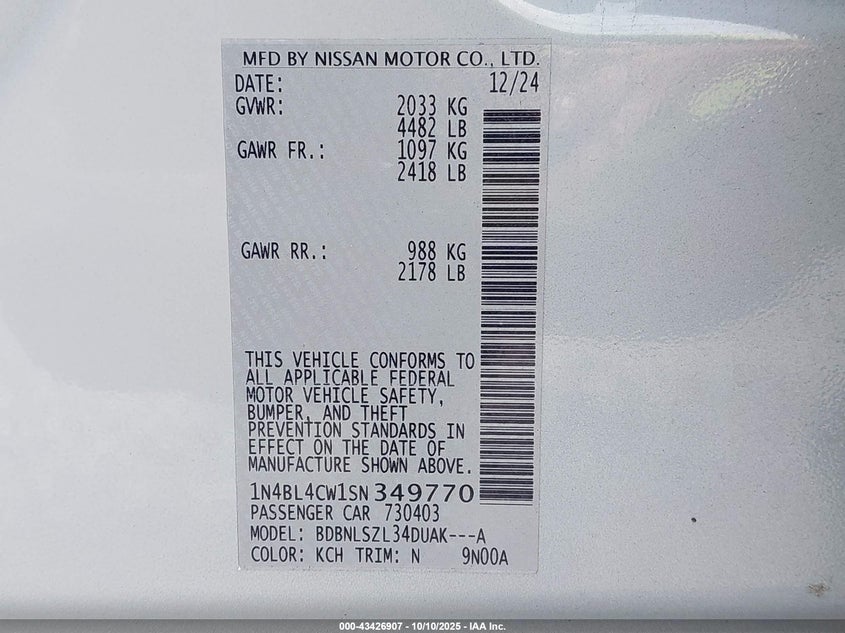 2025 NISSAN ALTIMA SR AWD 1N4BL4CW1SN349770