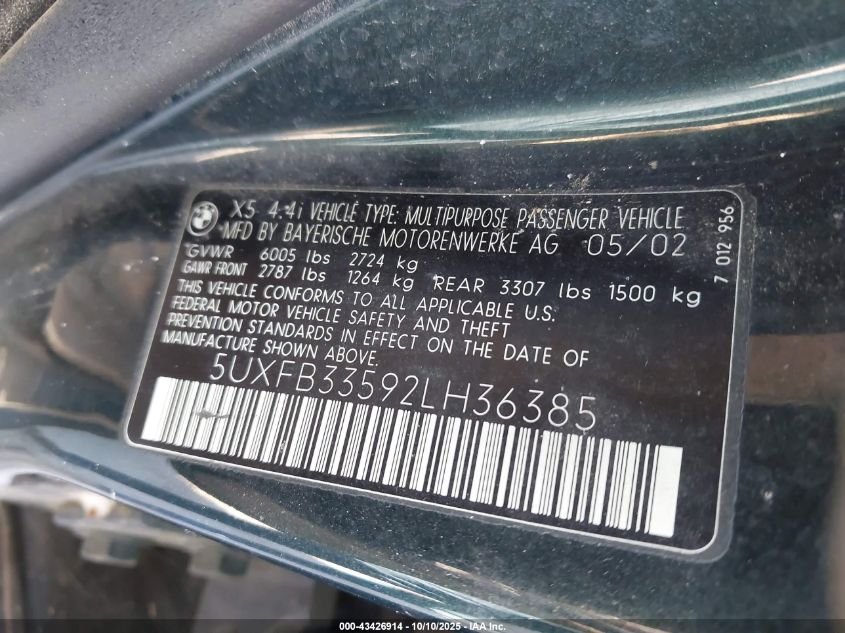 2002 BMW X5 4.4I VIN: 5UXFB33592LH36385 Lot: 43426914