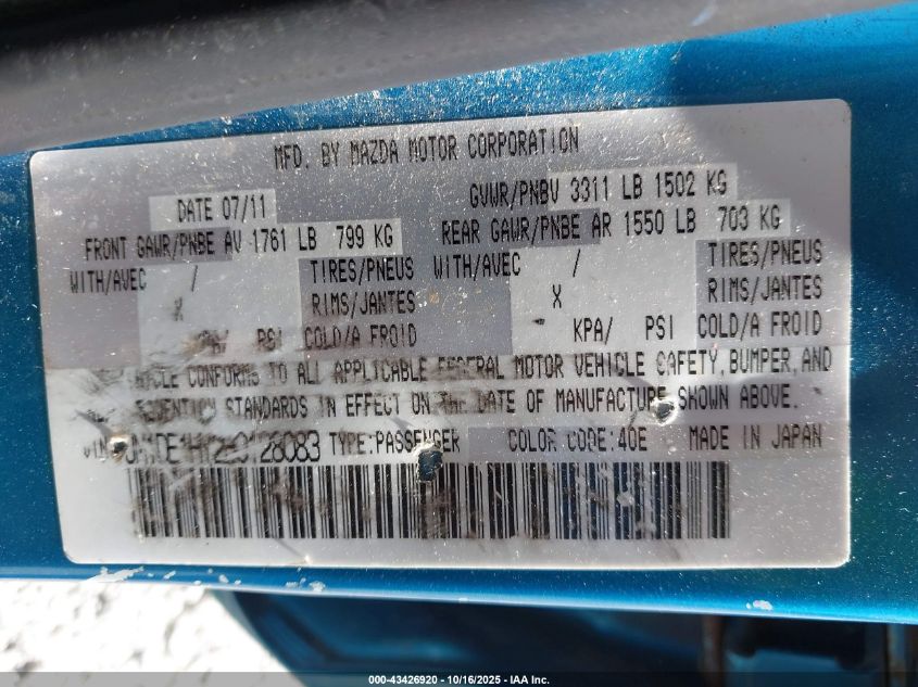 2011 Mazda Mazda2 Touring VIN: JM1DE1HY2B0128083 Lot: 43426920