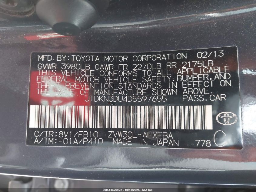 2013 Toyota Prius Two VIN: JTDKN3DU4D5597655 Lot: 43426922