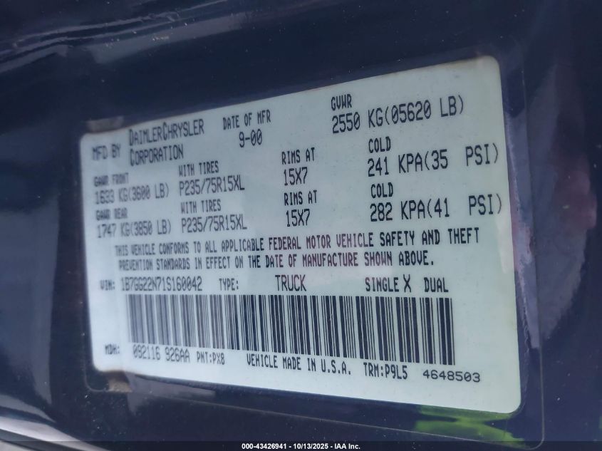 2001 Dodge Dakota Slt/Sport VIN: 1B7GG22N71S160042 Lot: 43426941