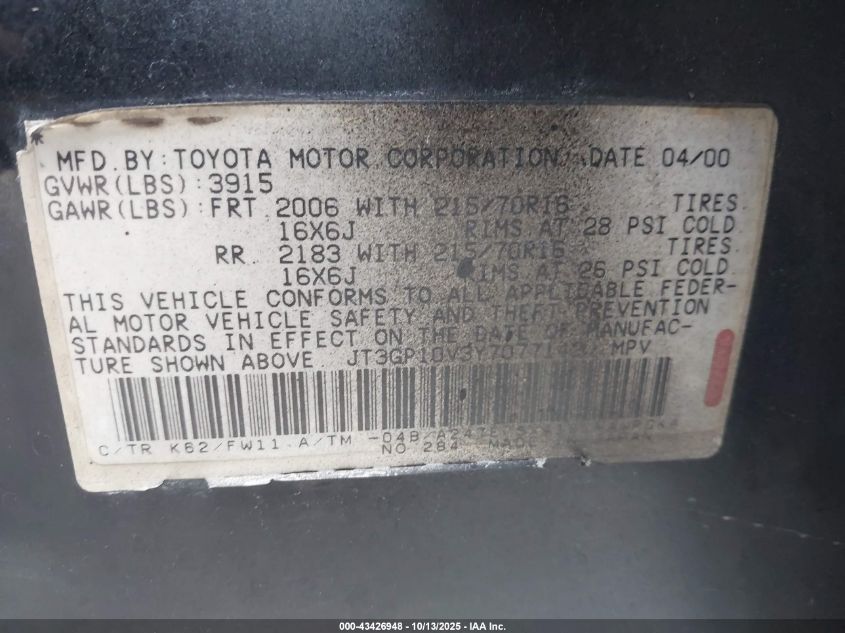 2000 Toyota Rav4 VIN: JT3GP10V3Y7077142 Lot: 43426948