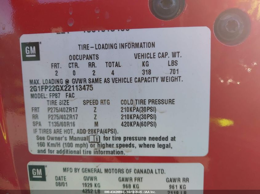 2002 Chevrolet Camaro Z28 VIN: 2G1FP22GX22113475 Lot: 43426953