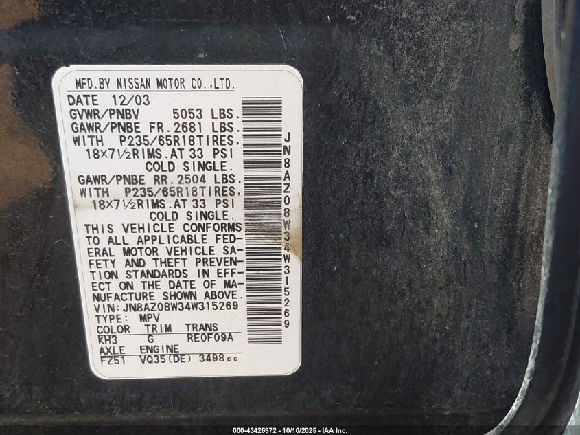 2004 Nissan Murano Se VIN: JN8AZ08W34W315269 Lot: 43426972
