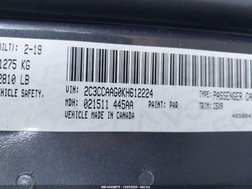 2019 Chrysler 300 Touring VIN: 2C3CCAAG0KH612224 Lot: 43426975