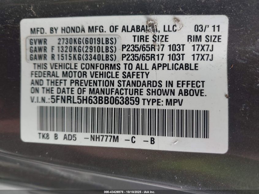 2011 Honda Odyssey Ex-L VIN: 5FNRL5H63BB063859 Lot: 43426978