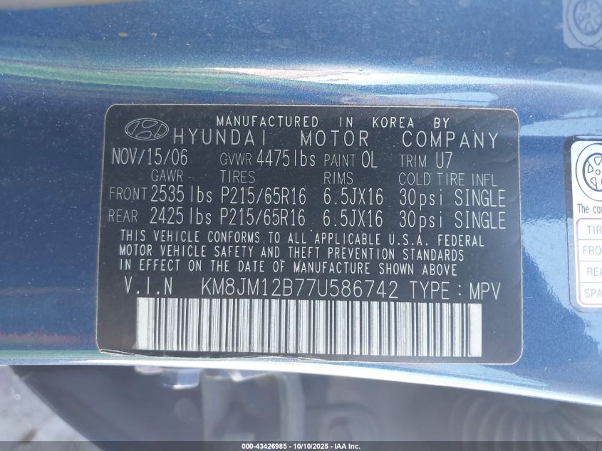 2007 Hyundai Tucson Gls VIN: KM8JM12B77U586742 Lot: 43426985