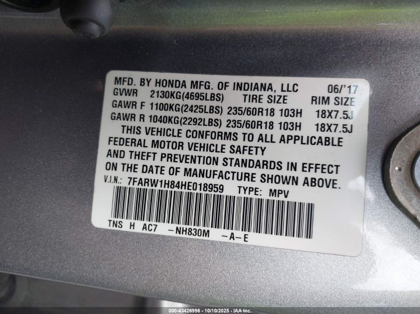 2017 Honda Cr-V Ex-L/Ex-L Navi VIN: 7FARW1H84HE018959 Lot: 43426996