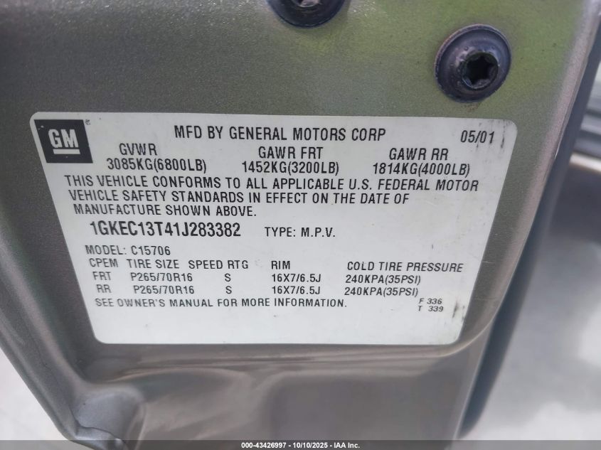 2001 GMC Yukon Sle VIN: 1GKEC13T41J283382 Lot: 43426997