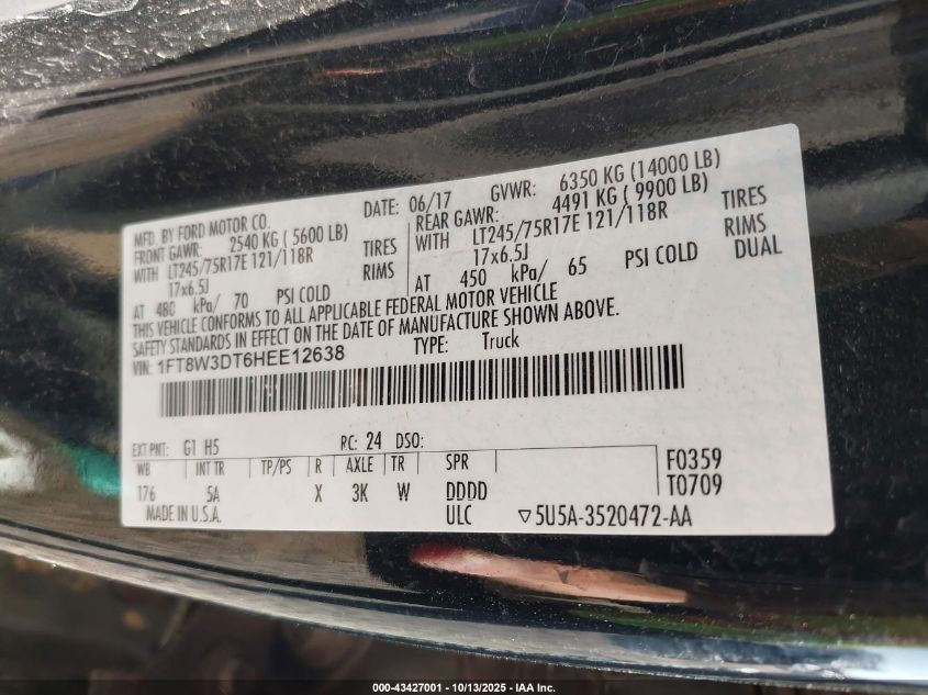 2017 Ford F-350 Lariat VIN: 1FT8W3DT6HEE12638 Lot: 43427001