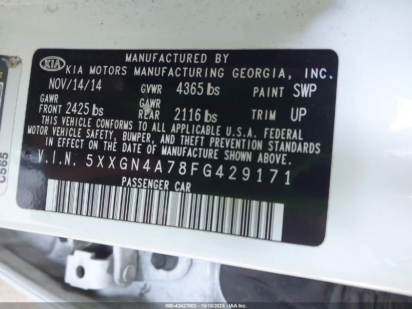 2015 Kia Optima Ex VIN: 5XXGN4A78FG429171 Lot: 43427002