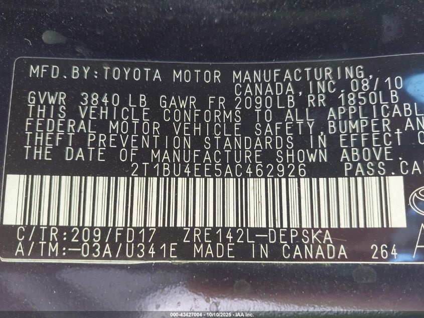 2010 Toyota Corolla S VIN: 2T1BU4EE5AC462926 Lot: 43427004