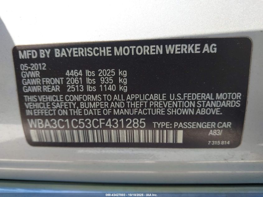2012 BMW 328I VIN: WBA3C1C53CF431285 Lot: 43427003