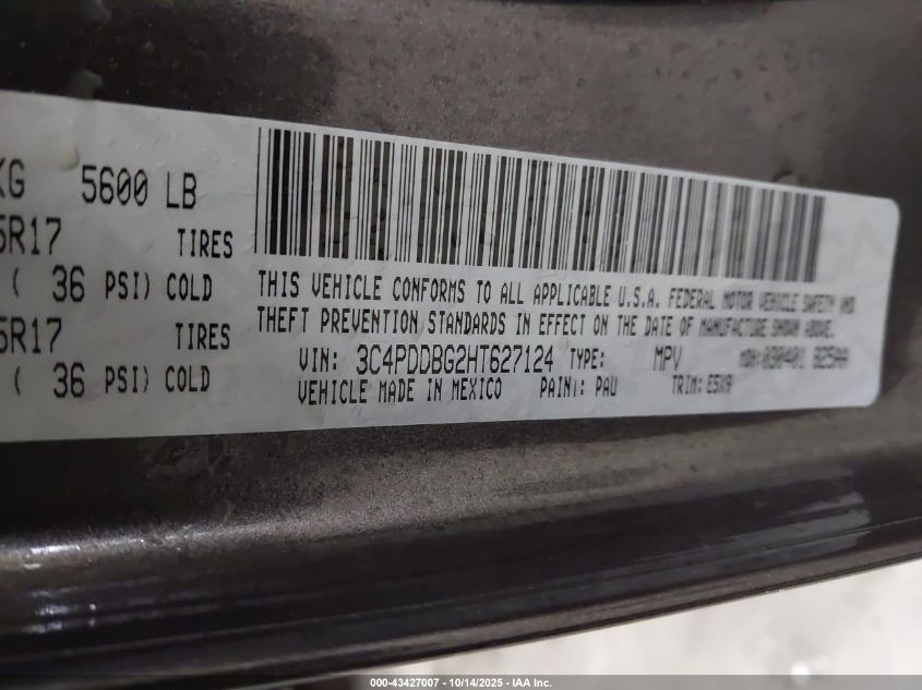 2017 Dodge Journey Sxt Awd VIN: 3C4PDDBG2HP627124 Lot: 43427007