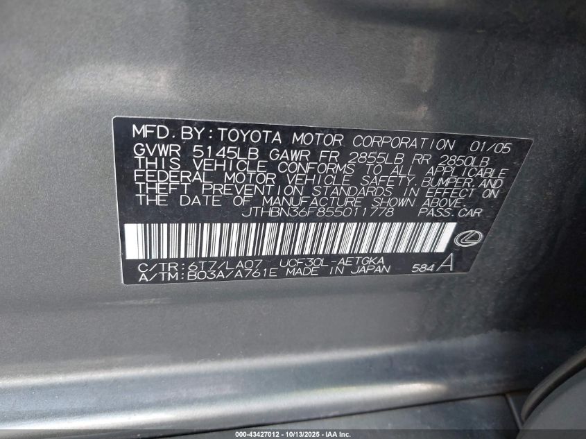 2005 Lexus Ls 430 VIN: JTHBN36F855011778 Lot: 43427012