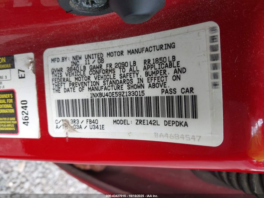 2009 Toyota Corolla Le VIN: 1NXBU40E59Z133015 Lot: 43427015