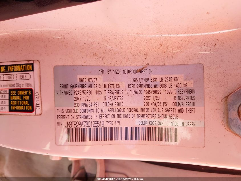 2008 Mazda Cx-9 Grand Touring VIN: JM3TB28A780126519 Lot: 43427017