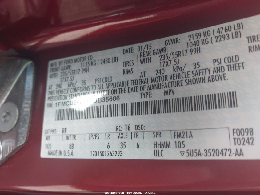 2015 Ford Escape Se VIN: 1FMCU9GXXFUB35606 Lot: 43427028