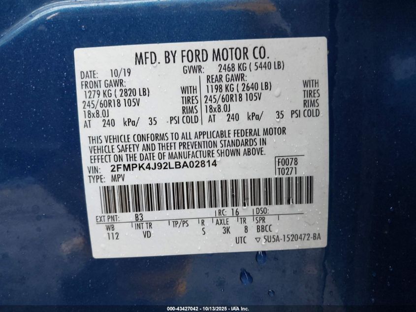 2020 Ford Edge Sel VIN: 2FMPK4J92LBA02814 Lot: 43427042