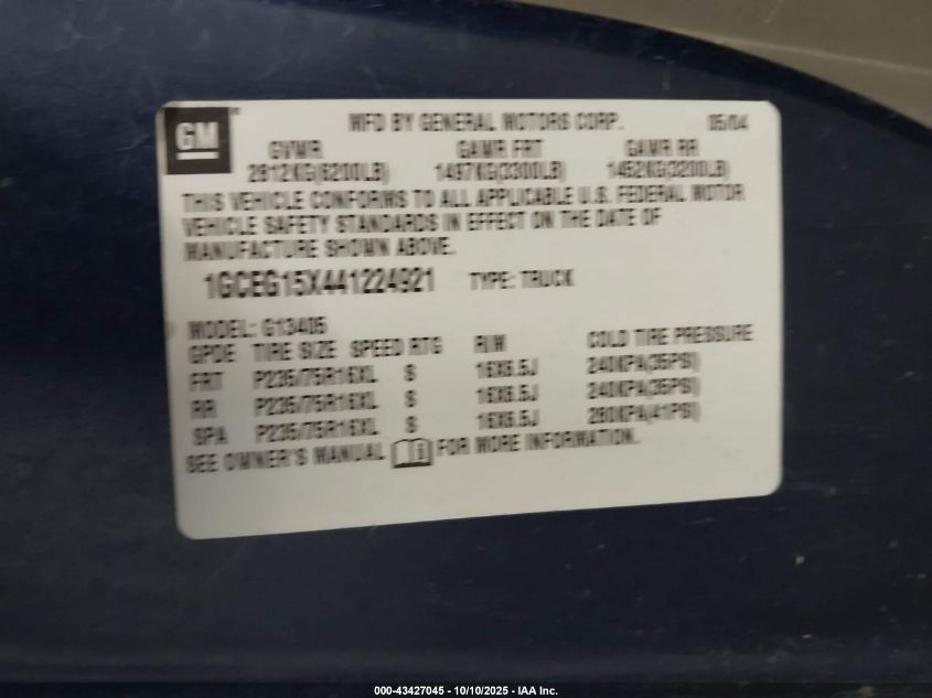 2004 Chevrolet Express VIN: 1GCEG15X441224921 Lot: 43427045