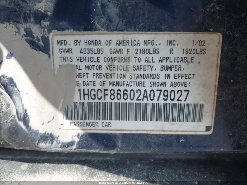 2002 Honda Accord 2.3 Vp VIN: 1HGCF86602A079027 Lot: 43427054