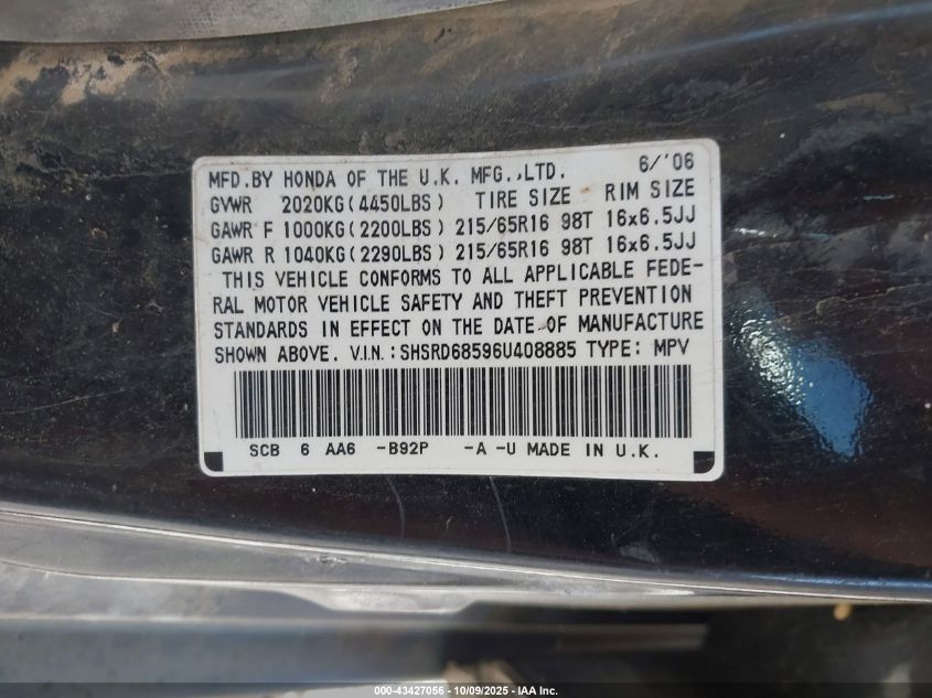 2006 Honda Cr-V Lx VIN: SHSRD68596U408885 Lot: 43427056