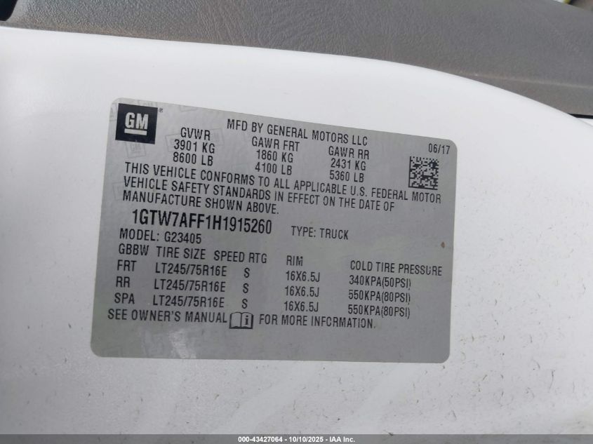 2017 GMC Savana 2500 Work Van VIN: 1GTW7AFF1H1915260 Lot: 43427064