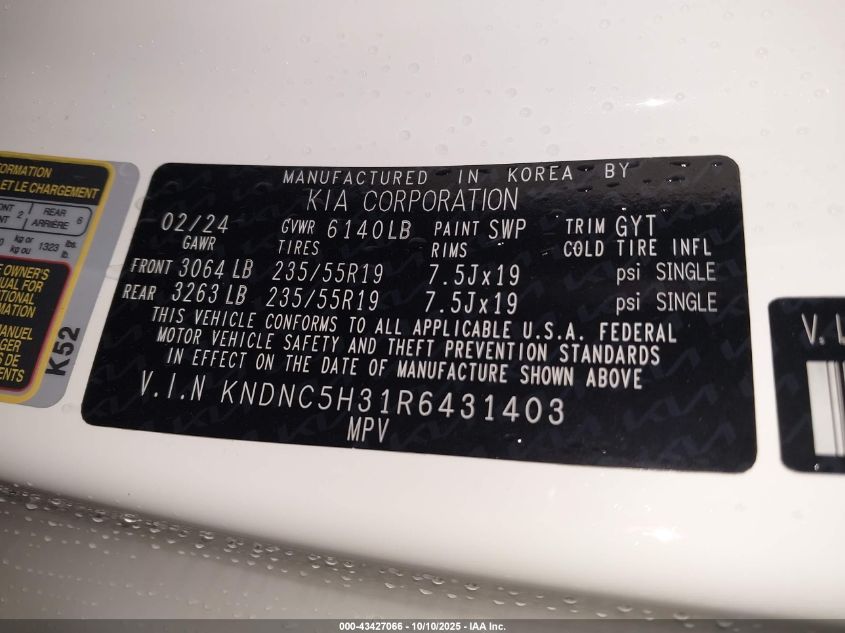 2024 Kia Carnival Mpv Ex VIN: KNDNC5H31R6431403 Lot: 43427066