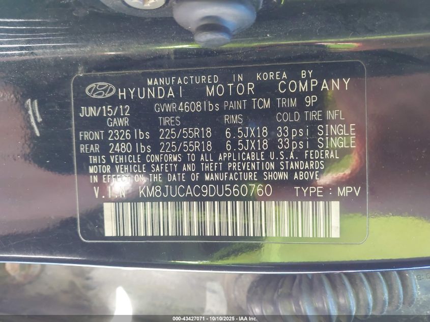 2013 Hyundai Tucson Limited VIN: KM8JUCAC9DU560760 Lot: 43427071