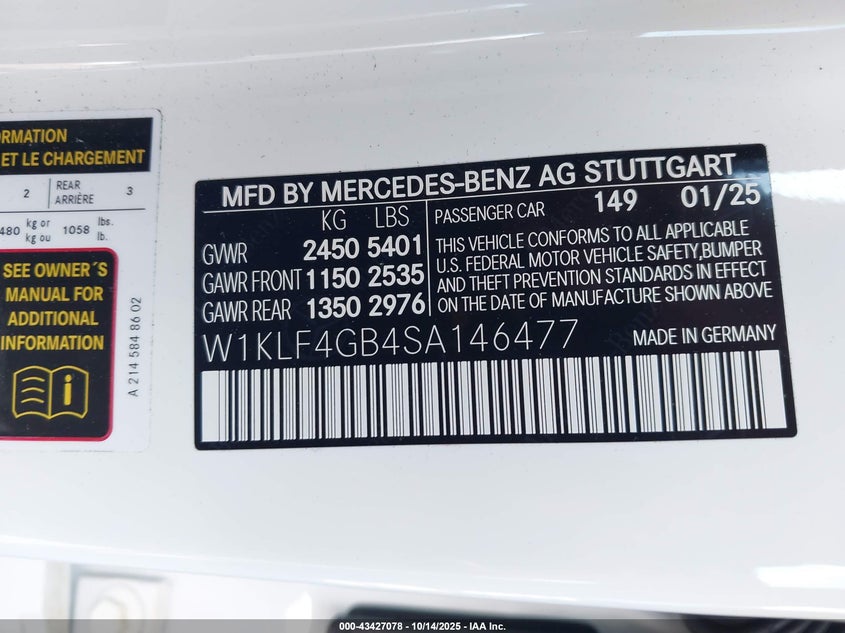 2025 MERCEDES-BENZ E 350 W1KLF4GB4SA146477