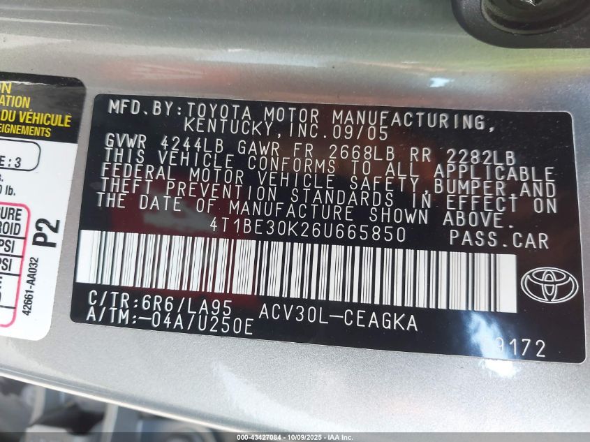 2006 Toyota Camry Xle VIN: 4T1BE30K26U665850 Lot: 43427084